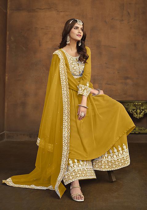 Golden Yellow Heavy Embroidered Designer Palazzo Dress