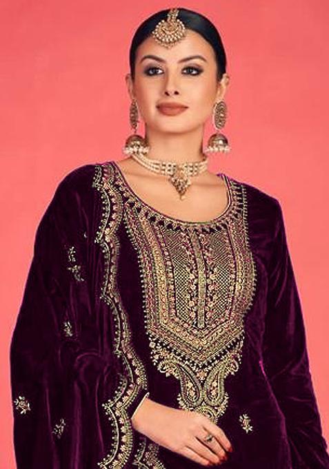 Purple Embroidered Velvet Kurta with Dupatta Set