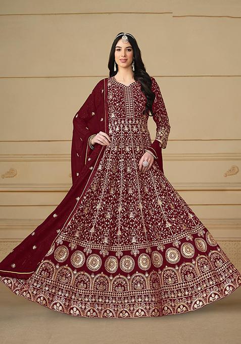 Maroon Embroidered Georgette Kurta Set