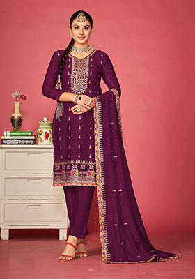 Purple Embroidered Art Silk Kurta Set