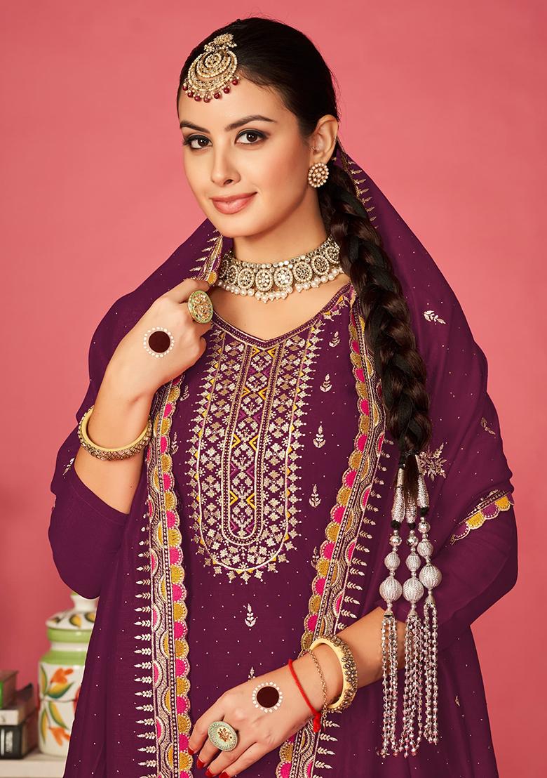 Purple Embroidered Art Silk Kurta Set