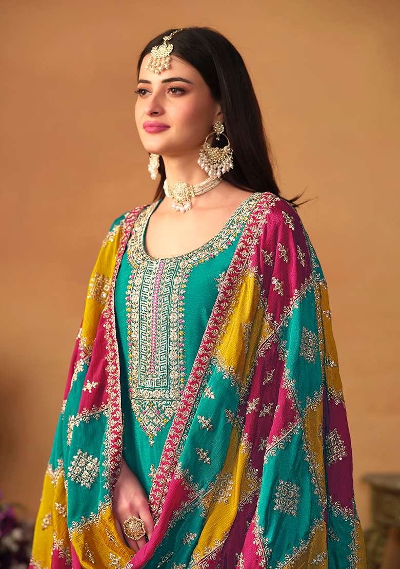 Sea Green Embroidered Silk Pakistani Suit Set - Indya