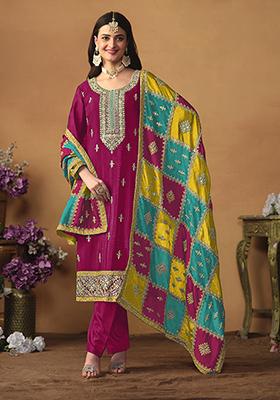 Pink Embroidered Art Silk Kurta Set