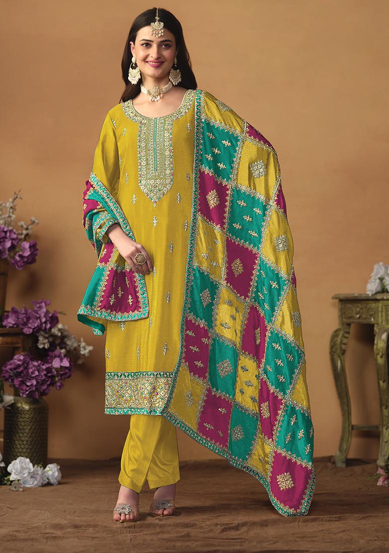 Yellow Embroidered Silk Pakistani Suit Set - Indya