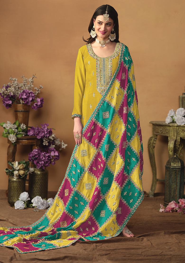 Yellow Embroidered Silk Pakistani Suit Set - Indya
