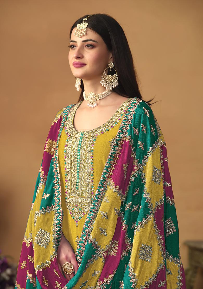 Yellow Embroidered Silk Pakistani Suit Set - Indya