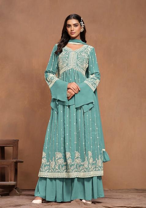 Sky Blue Embroidered Poly Blend Kurta Set