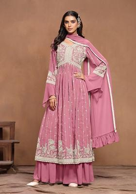 Pink Embroidered Poly Blend Kurta Set