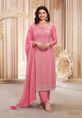 Pink Embroidered Poly Blend Kurta Set