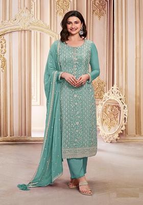 Teal Embroidered Poly Blend Kurta Set
