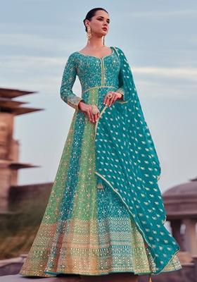 Sky Blue Embroidered Poly Blend Kurta Set