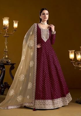 Wine Embroidered Poly Blend Kurta Set