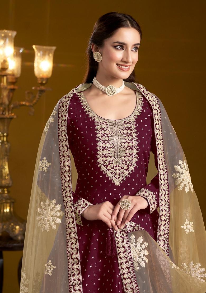 Wine Embroidered Poly Blend Kurta Set