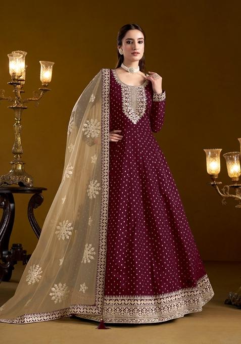 Wine Embroidered Poly Blend Kurta Set