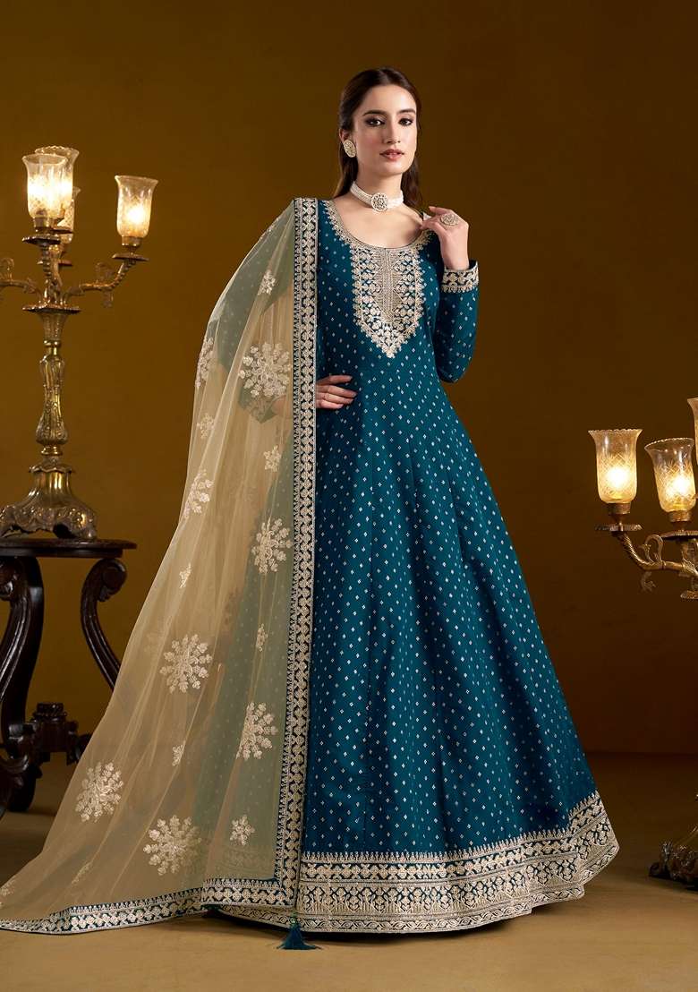 Teal Embroidered Poly Blend Kurta Set - Indya