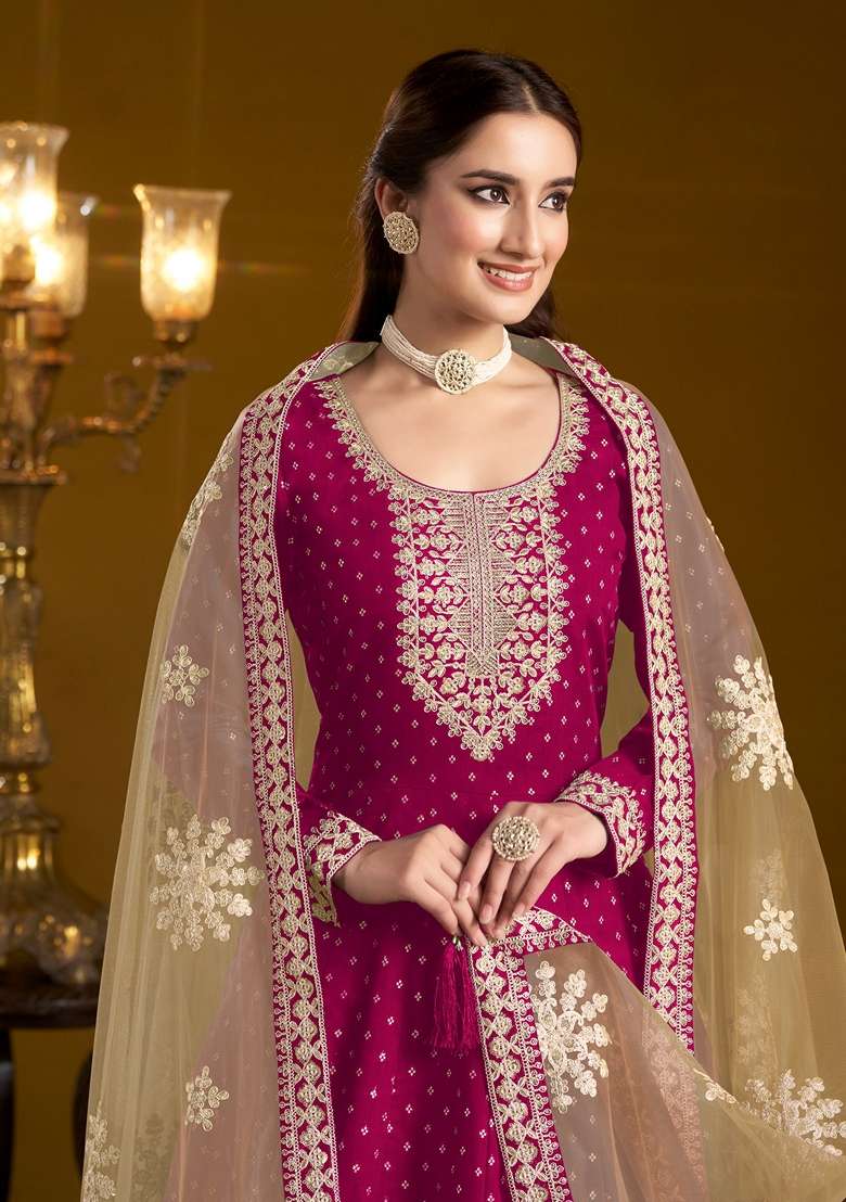 Pink Embroidered Poly Blend Kurta Set - Indya