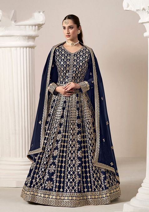 Blue Embroidered Poly Blend Kurta Set