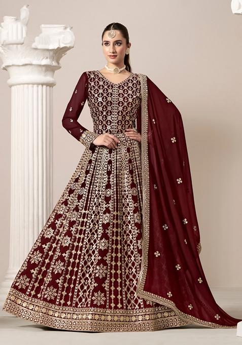 Maroon Embroidered Poly Blend Kurta Set