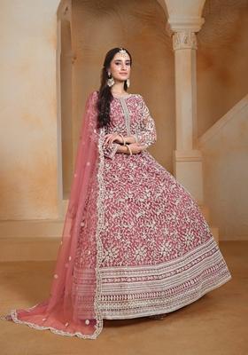 Pink Embroidered Poly Blend Kurta Set