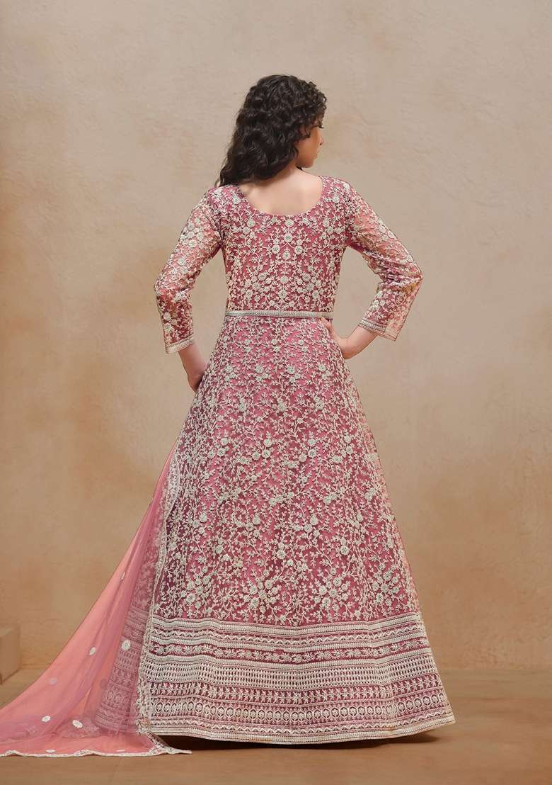 Pink Embroidered Poly Blend Kurta Set - Indya