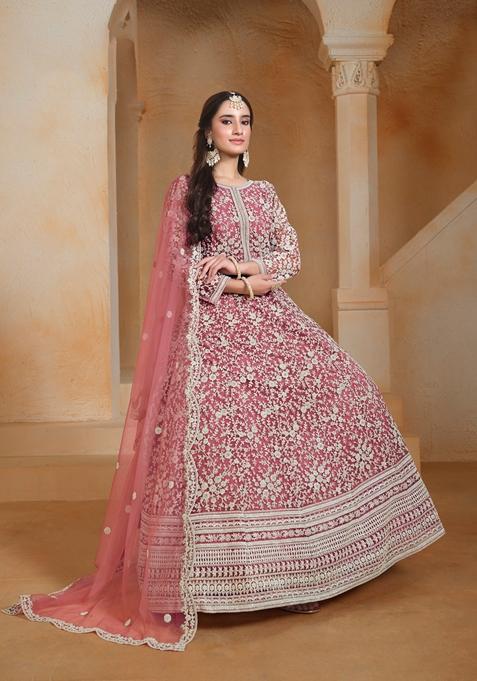 Pink Embroidered Poly Blend Kurta Set