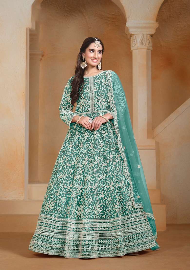 Sea Green Embroidered Poly Blend Kurta Set - Indya