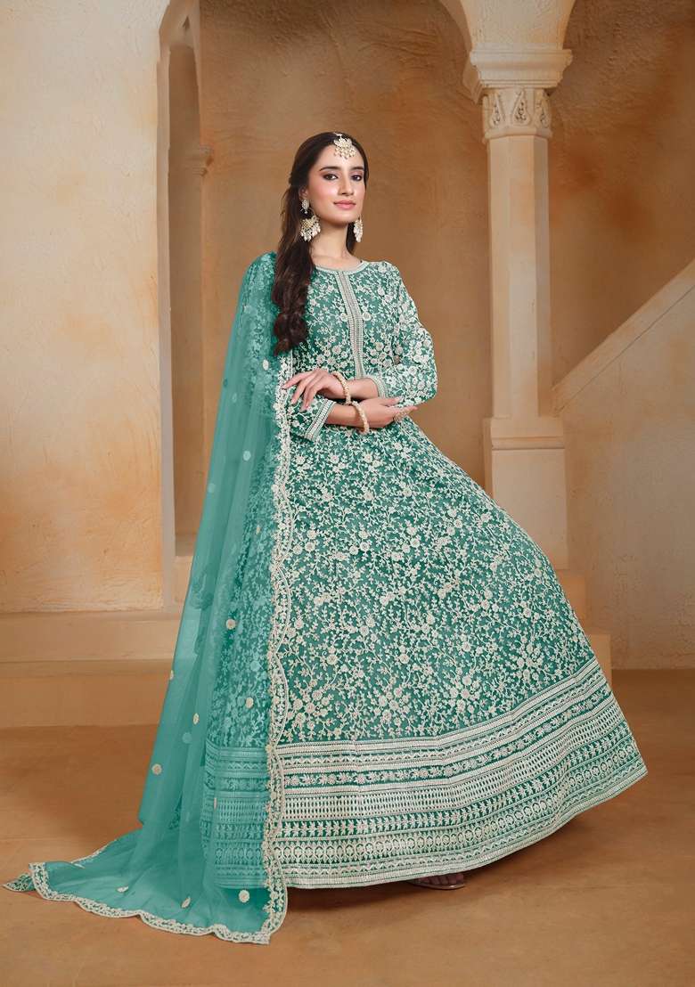 Sea Green Embroidered Poly Blend Kurta Set - Indya
