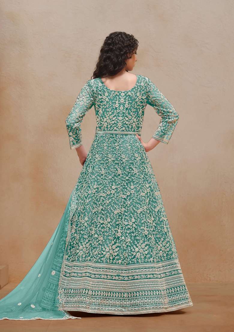 Sea Green Embroidered Poly Blend Kurta Set - Indya