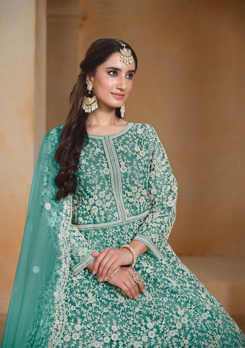 Sea Green Embroidered Poly Blend Kurta Set - Indya