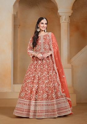 Orange Embroidered Poly Blend Kurta Set