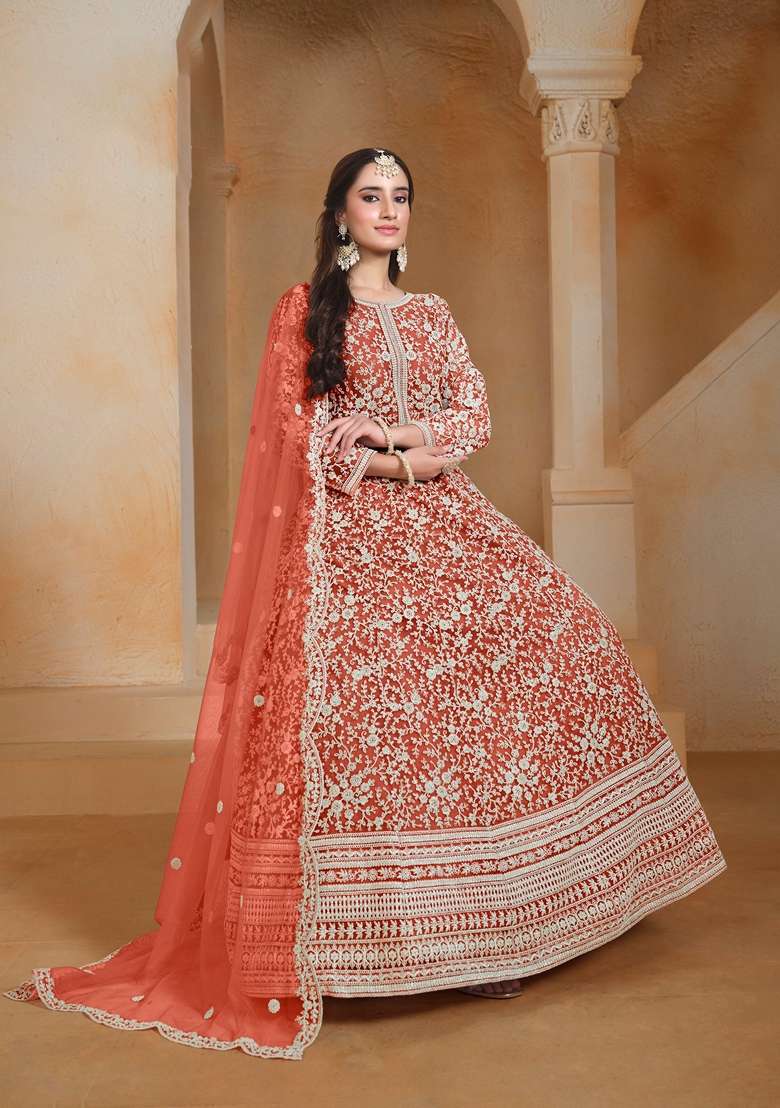 Orange Embroidered Poly Blend Kurta Set - Indya