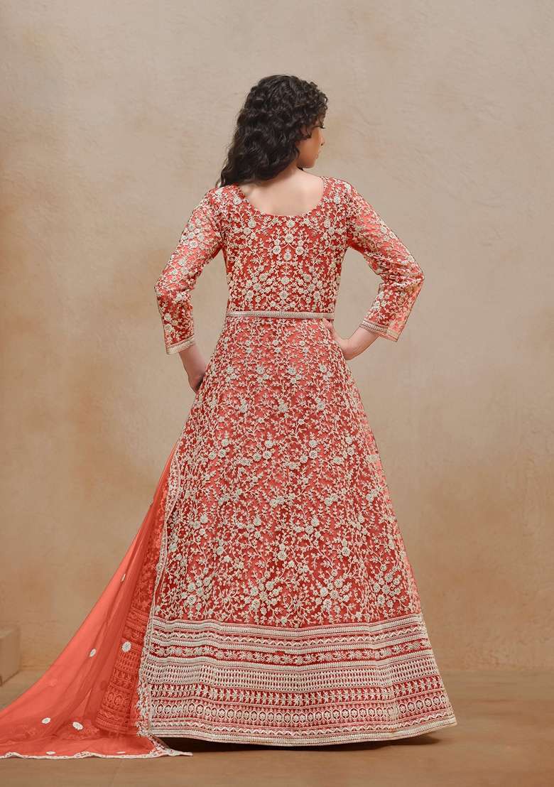 Orange Embroidered Poly Blend Kurta Set - Indya