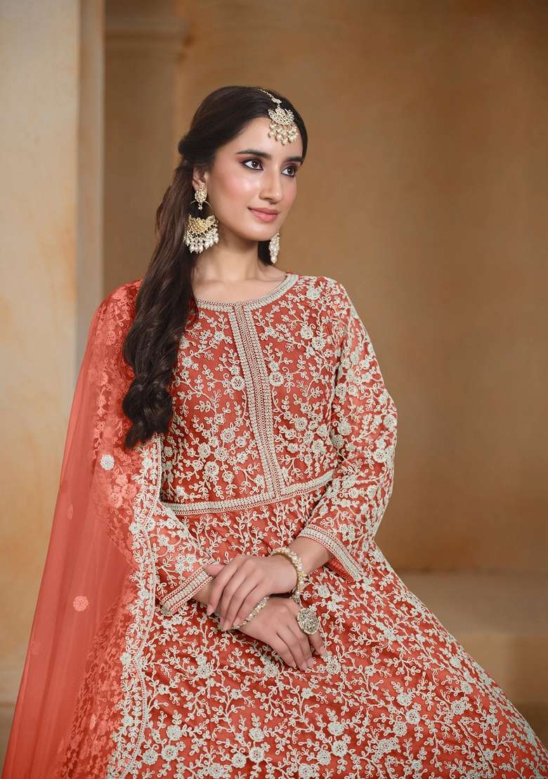 Orange Embroidered Poly Blend Kurta Set - Indya
