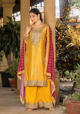 Yellow Bandhani Print Poly Blend Kurta Set