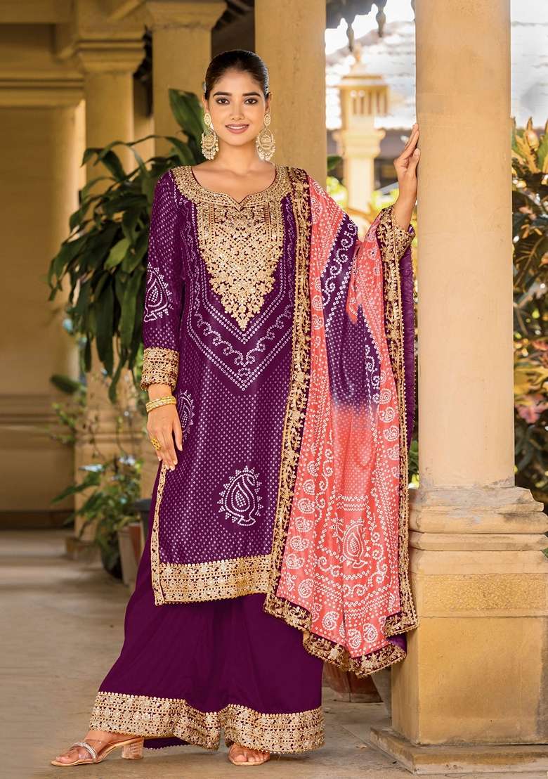 Purple Bandhani Print Poly Blend Kurta Set - Indya