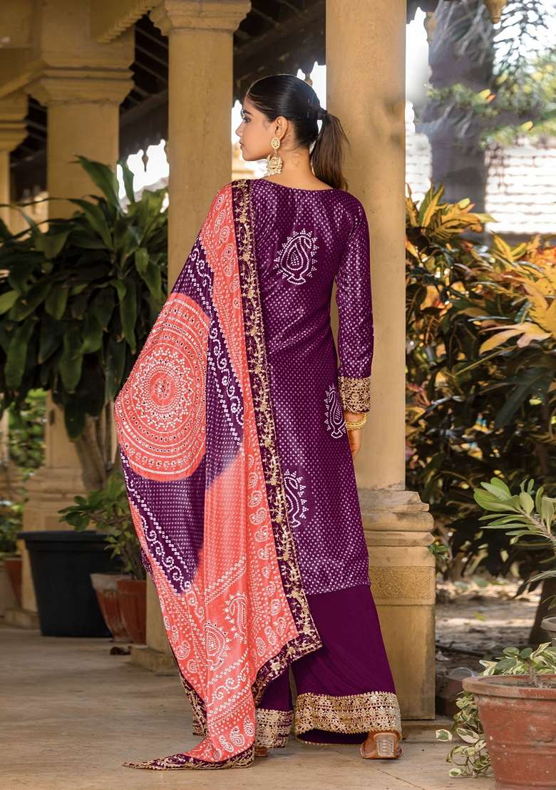 Purple Bandhani Print Poly Blend Kurta Set - Indya