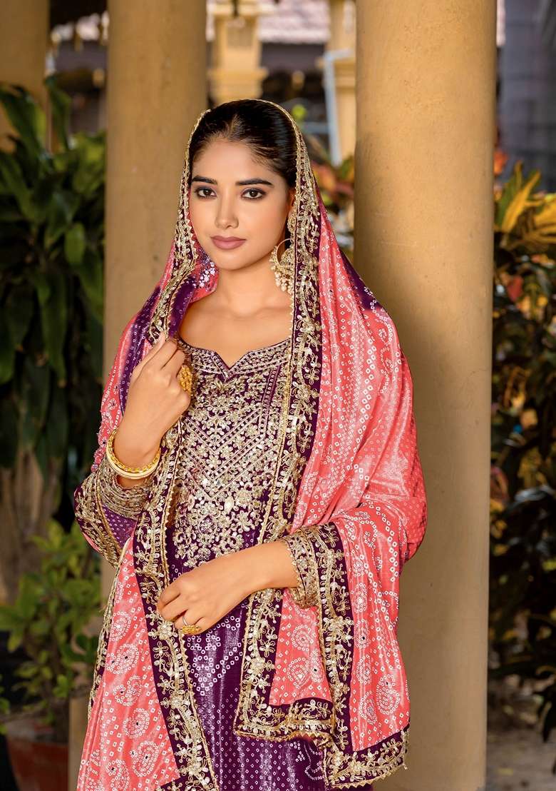 Purple Bandhani Print Poly Blend Kurta Set - Indya