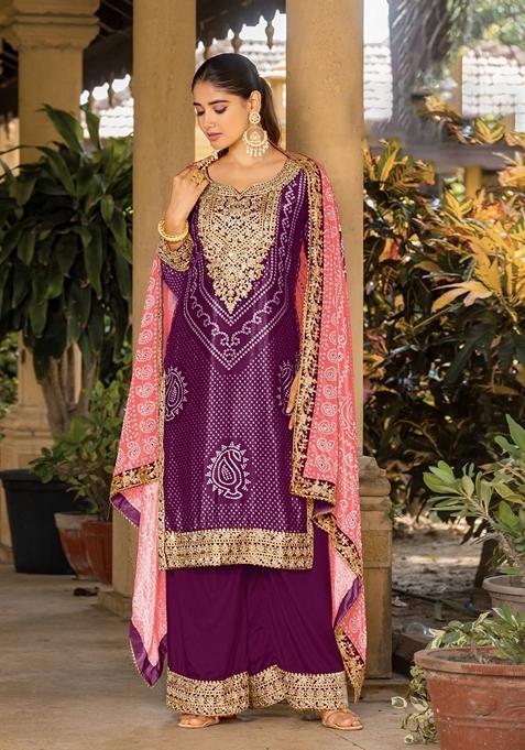 Purple Bandhani Print Poly Blend Kurta Set