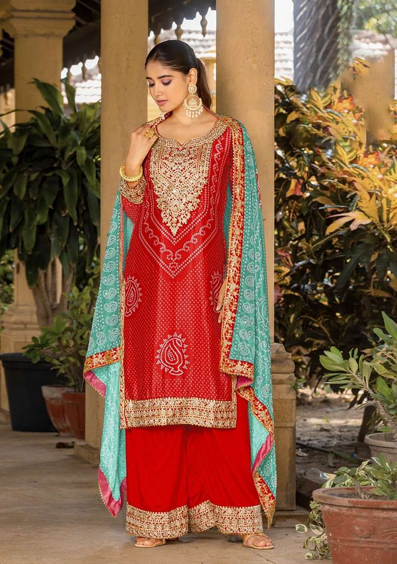 Red Bandhani Print Poly Blend Kurta Set - Indya