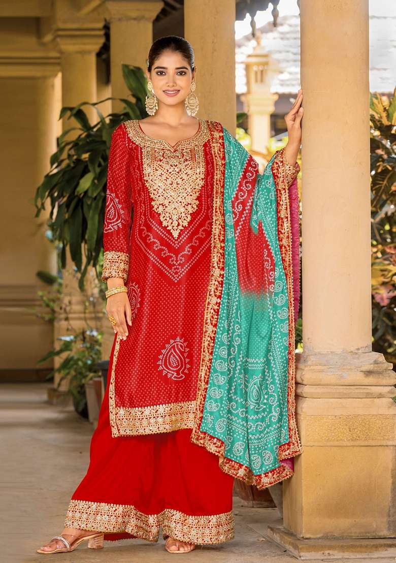 Red Bandhani Print Poly Blend Kurta Set - Indya