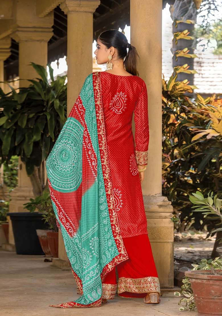 Red Bandhani Print Poly Blend Kurta Set - Indya