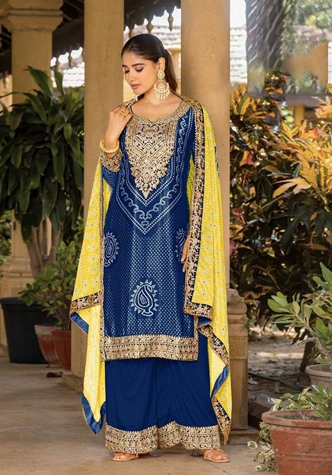 Blue Bandhani Print Poly Blend Kurta Set