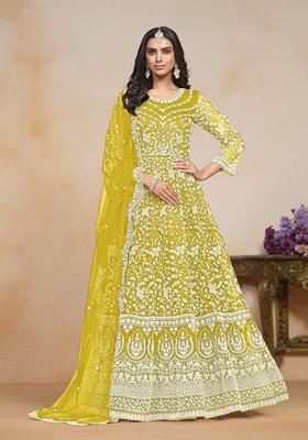 Lemon Yellow Embroidered Poly Blend Kurta Set
