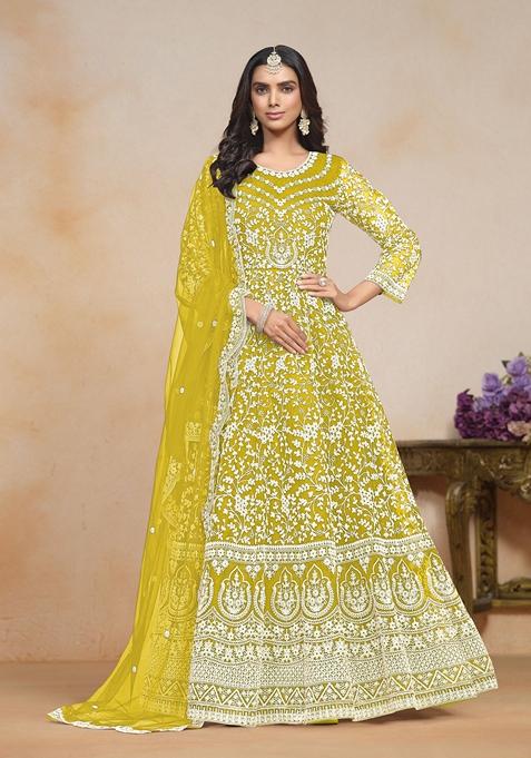 Lemon Yellow Embroidered Poly Blend Kurta Set