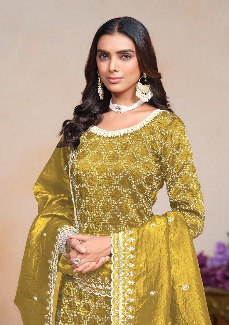 Yellow Embroidered Poly Blend Kurta Set