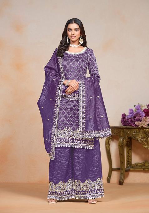 Purple Embroidered Poly Blend Kurta Set