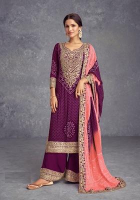 Purple Bandhani Print Poly Blend Kurta Set