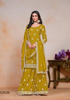 Yellow Embroidered Poly Blend Kurta Set