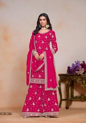 Pink Embroidered Poly Blend Kurta Set