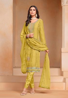 Yellow Embroidered Poly Blend Kurta Set